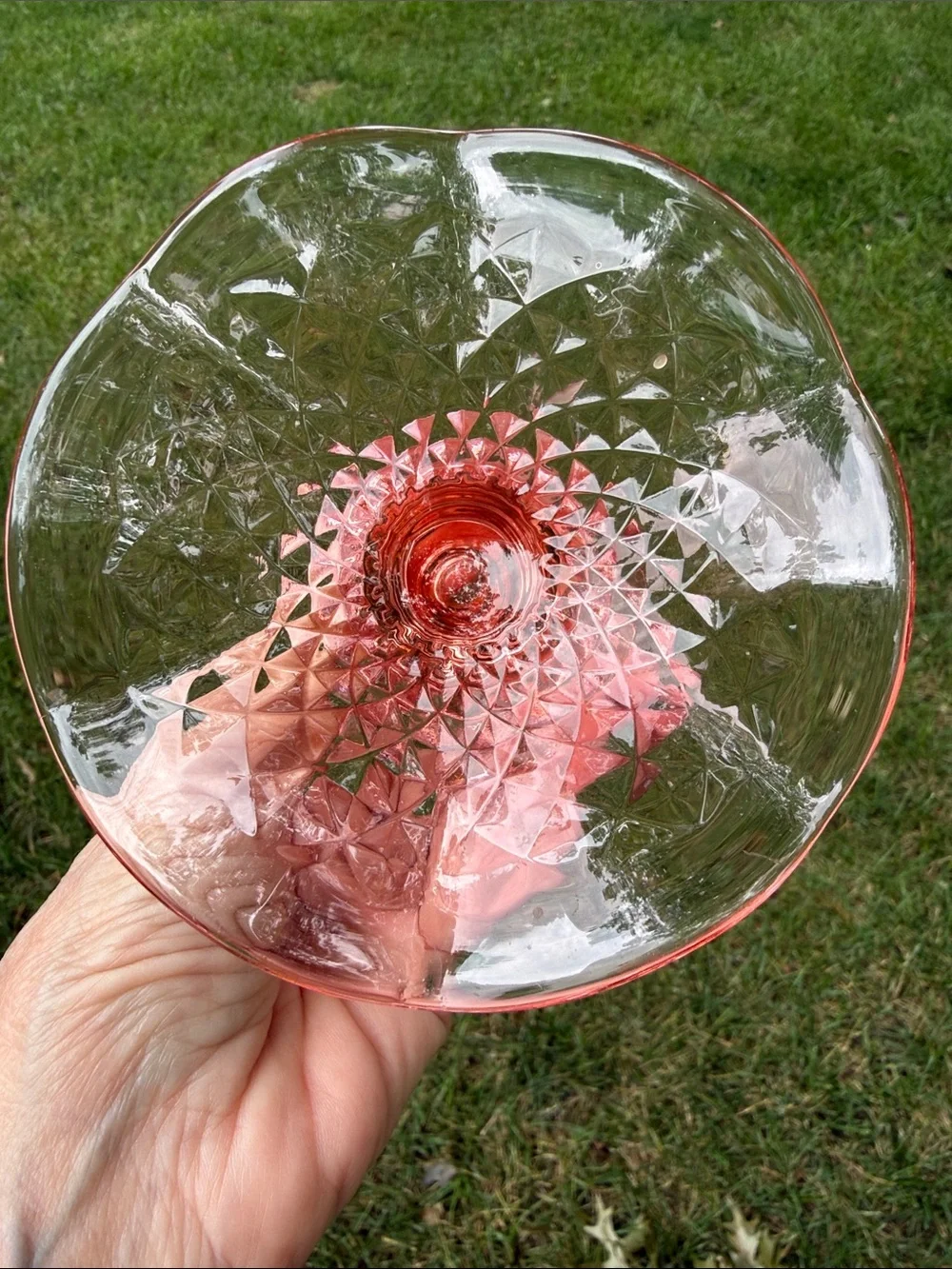 Pink Depression Glass Candle Holder with Unique Scalloped & Patterned Base EC